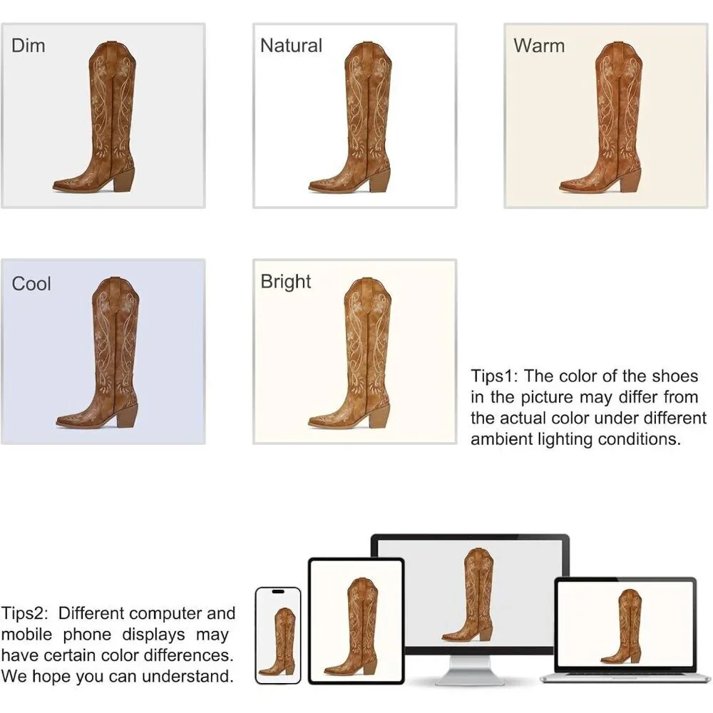 Women Faux Leather Traditional Brown Embroidered Chunky Heel Pointed Toe Boot